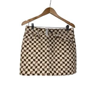 Madewell Women's Floral Checked Cotton Denim Mini Skirt Size 28 Brown Cream